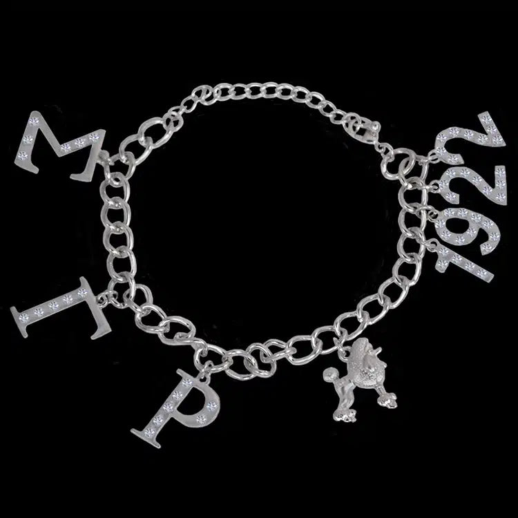 Silver chain bracelet with sigma gamma rho greeks letter and 1922 charms on a black background