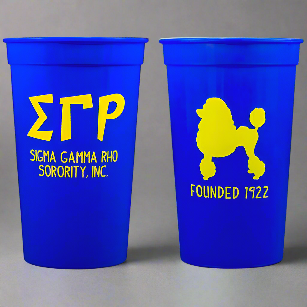 Two blue cups with yellow graphics and text on a gray background