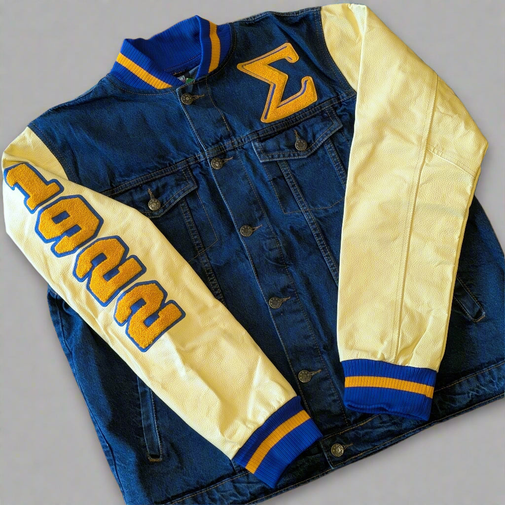 Blue and yellow letterman jacket with 'Sigma' on a gray background