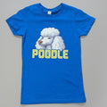 Blue t-shirt with a white poodle graphic and 'POODLE' written on chest