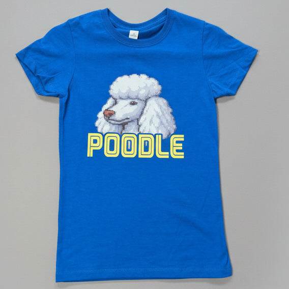 Blue t-shirt with a white poodle graphic and 'POODLE' written on chest