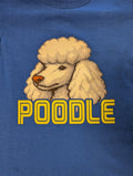 Blue shirt with a pixelated poodle graphic and 'POODLE' written on chest