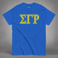 Blue t-shirt with yellow Greek letters 