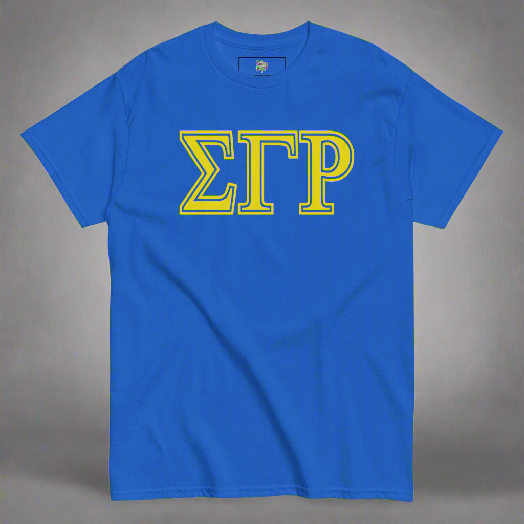 Blue t-shirt with yellow Greek letters "sigma gamma rho"on a white background