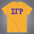 Yellow t-shirt with blue greek letters 