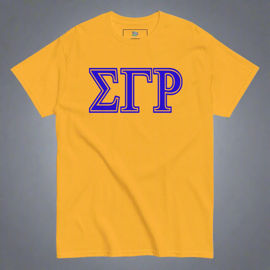 Yellow t-shirt with blue greek letters "sigma gamma rho"on a gray background