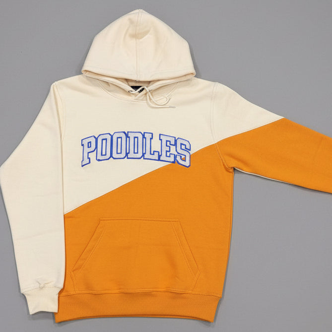 cream and yellow hoodie with "poodles" written on chest