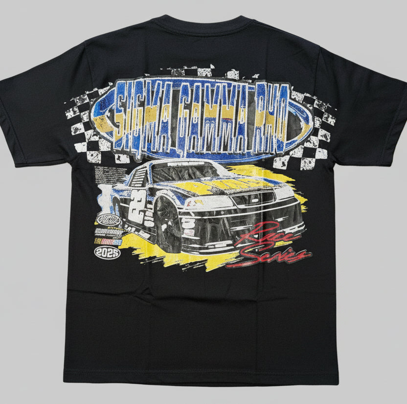 cream tee with a racing car design and words "sigma gamma rho"