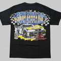 Black t-shirt with a race car graphic and words 