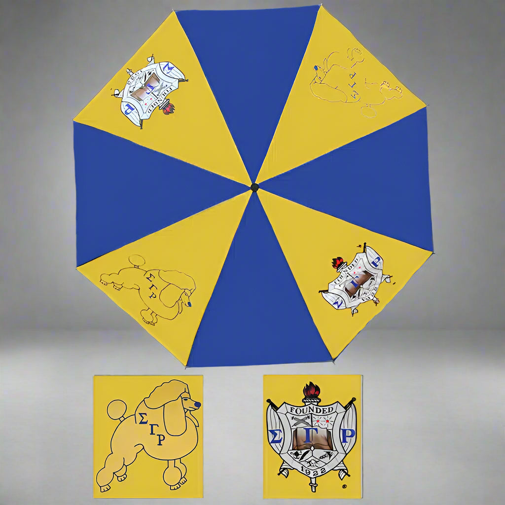 Umbrella with blue and yellow design featuring sgrho logos