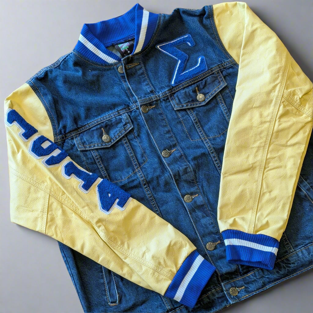 Blue and cream varsity jacket with lettering 