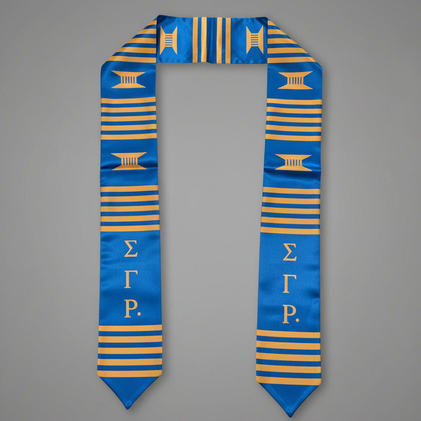 Blue and gold graduation stole with greek letters 'ΣΓΡ.'