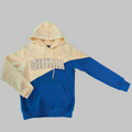 Two-tone beige and blue hoodie with 'SIGMA' text on a gray background