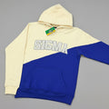 cream and blue hoodie with word 