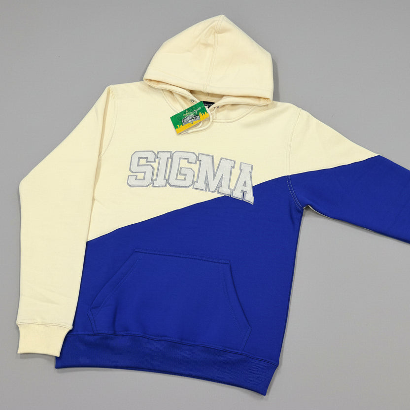 cream and blue hoodie with word "sigma" on chest