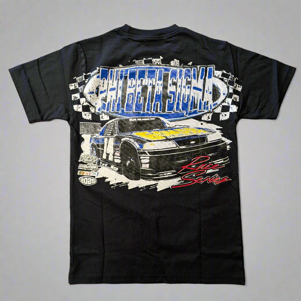 Beige t-shirt with race car graphic and text on a gray background