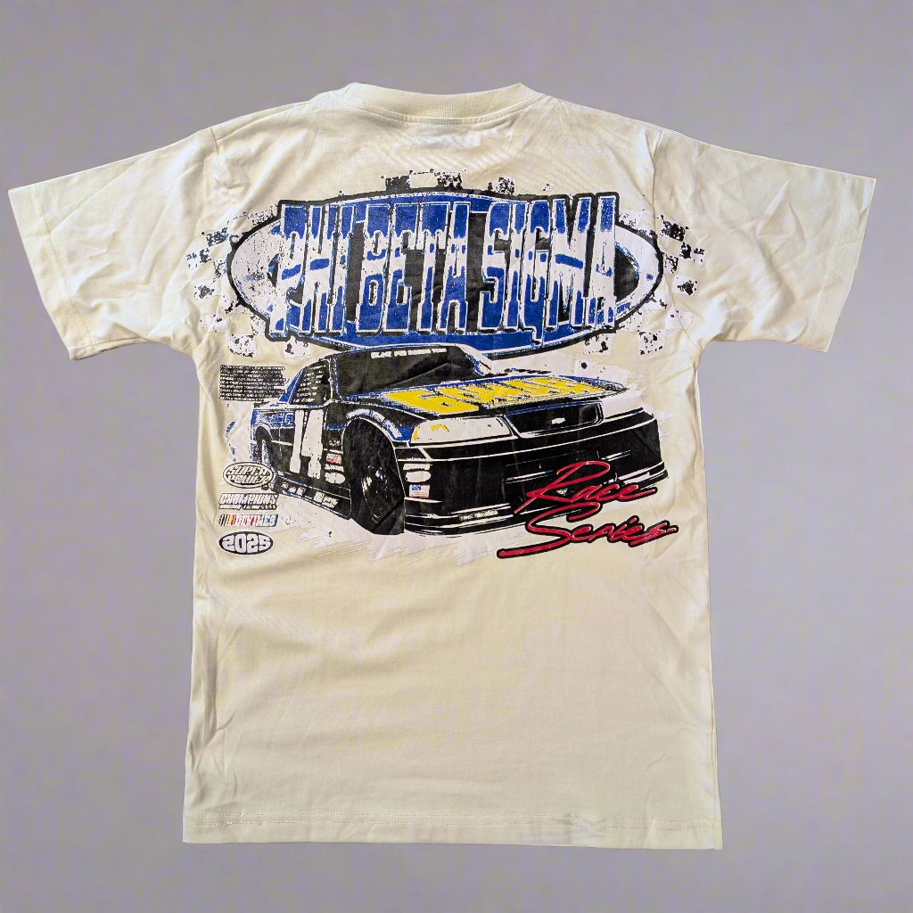 Beige t-shirt with race car graphic and text on a gray background