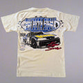 Beige t-shirt with race car graphic and text on a gray background