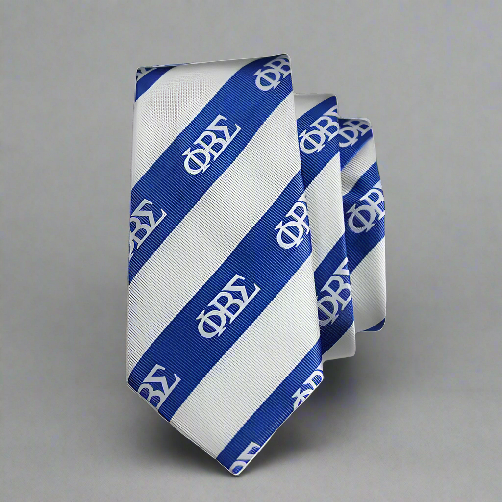 Blue and white striped tie with a logo on a gray background