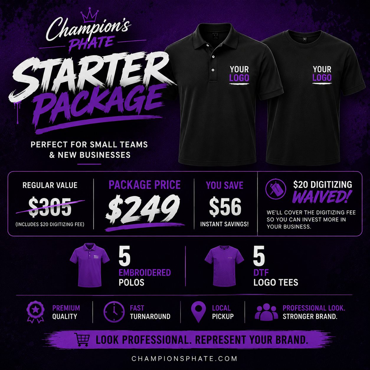 Promotional graphic for a starter package with black polos and purple logo tees, featuring text on a dark background.