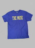 purple t-shirt with 'THE MUSE' text in yellow on a gray background