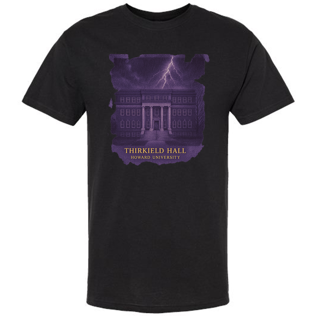 Black t-shirt with purple graphic of Thirskfield Hall and 'Thirkfield Hall Howard University' text on a white background