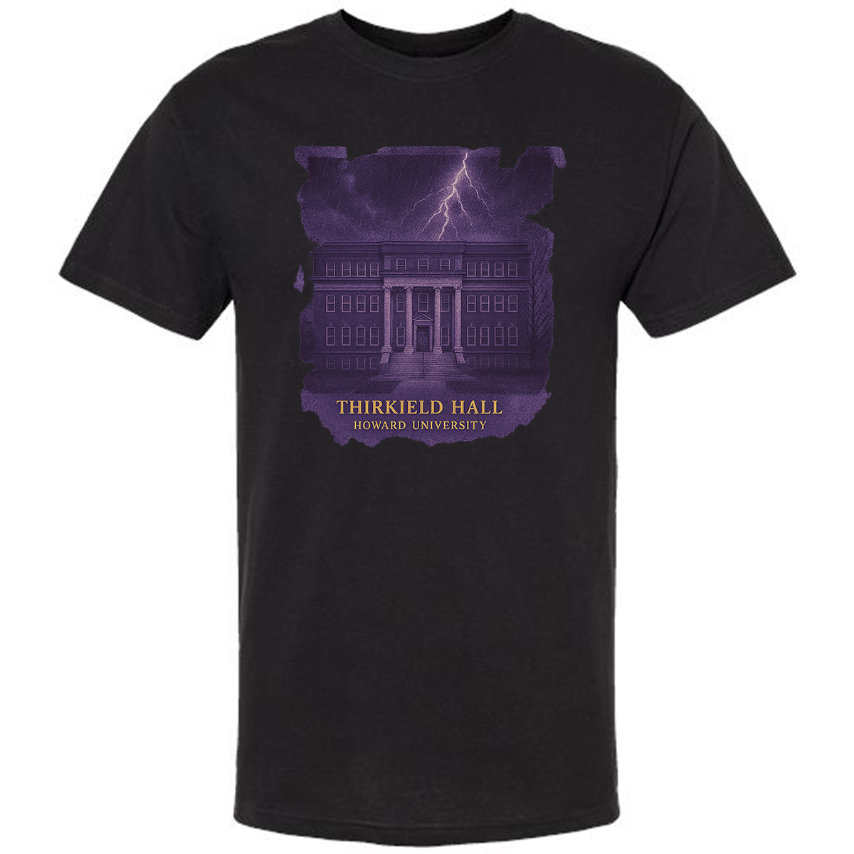 Black t-shirt with purple graphic of Thirskfield Hall and 'Thirkfield Hall Howard University' text on a white background