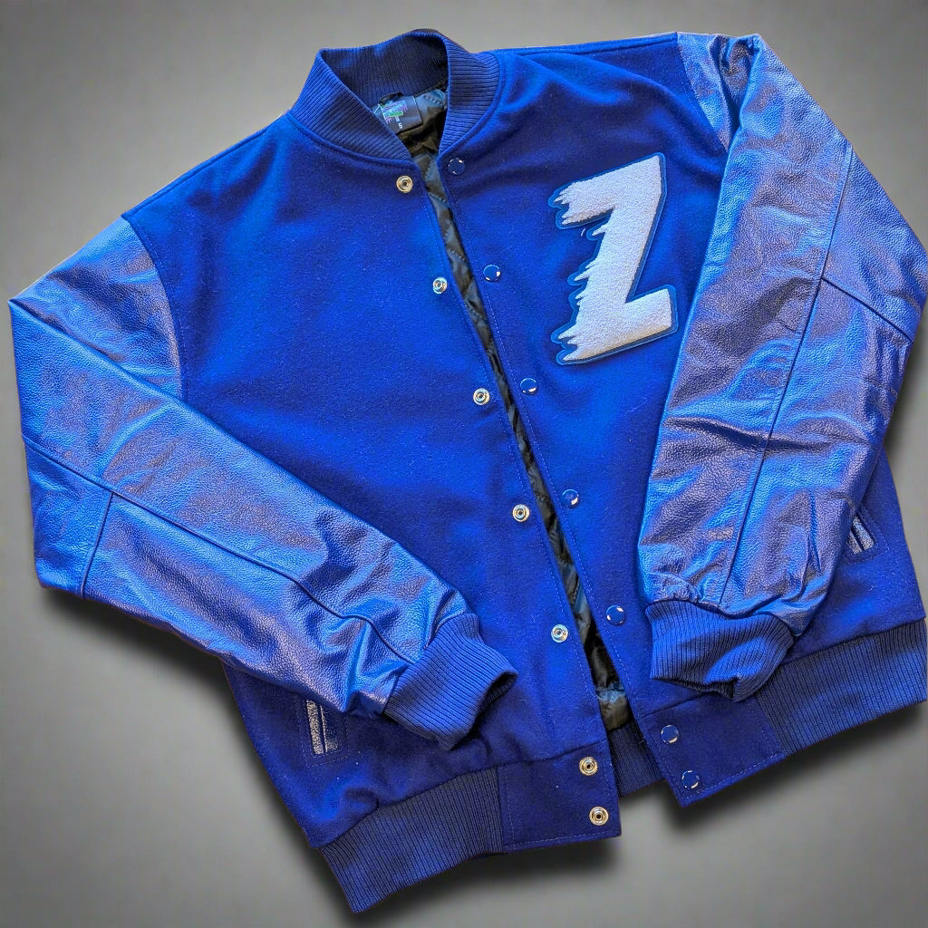 Blue varsity jacket with a large white 'Z' 
