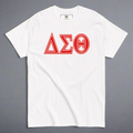 White t-shirt with red Delta Sigma Theta letters on a white background