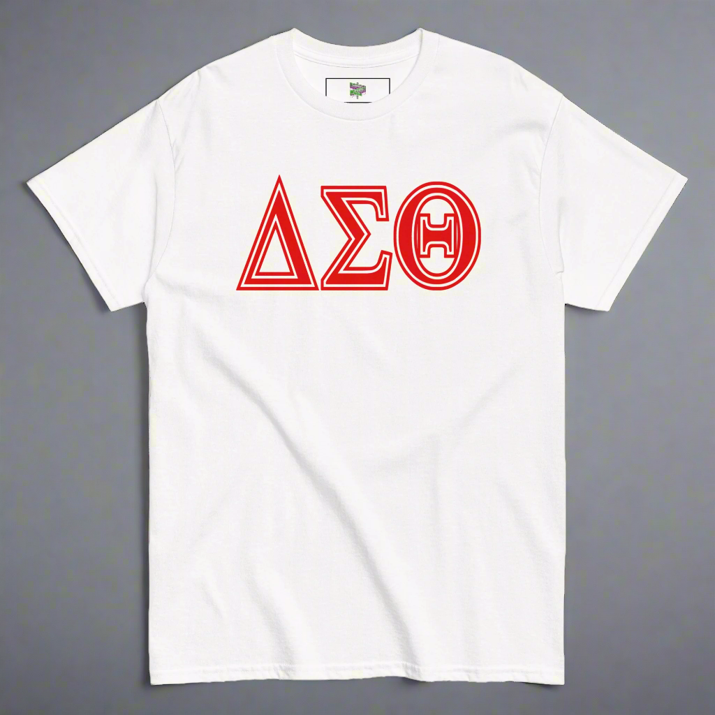 White t-shirt with red Delta Sigma Theta letters on a white background