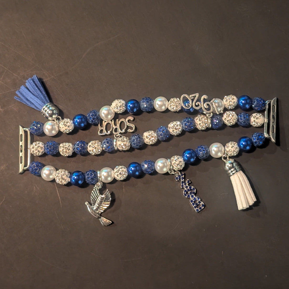Blue and silver beaded apple watch band/bracelet with tassels for zeta phi beta