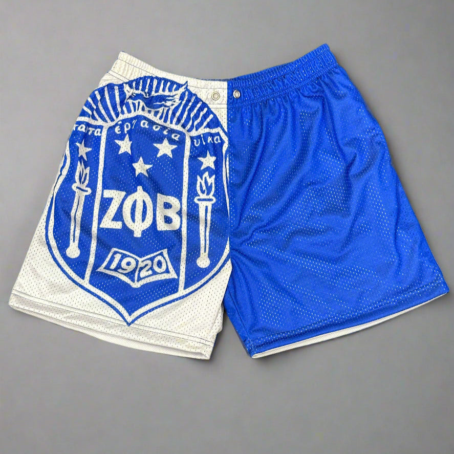 Blue and white athletic shorts with a logo on a gray background