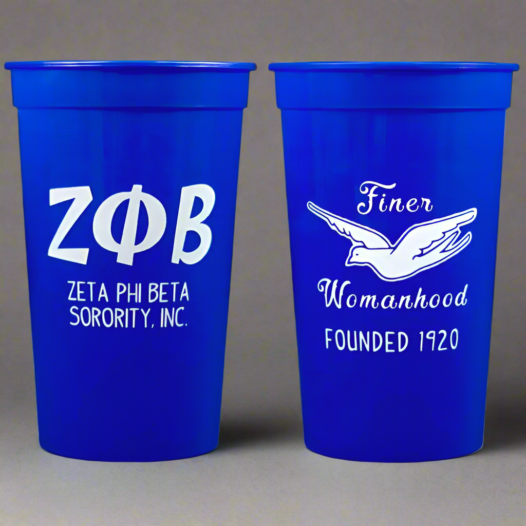 Two blue cups with white text on a gray background