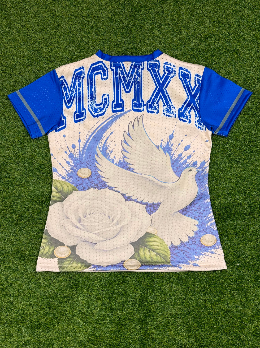 A women's short-sleeve mesh athletic jersey in off-white with royal blue v-neck trim and blue sleeves, featuring the Greek letters Zeta Phi Beta and 'Zeta Phi Beta' printed on the chest. The jersey is laid flat on green artificial turf.