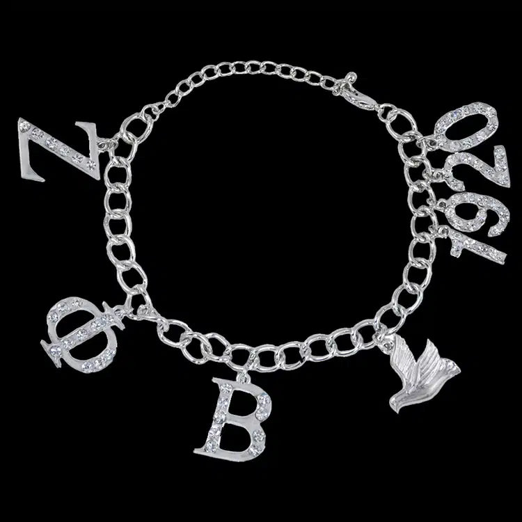 Silver bracelet with greek letters zeta phi beta and 1922 charms on a black background