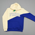 cream and blue hoodie with word 