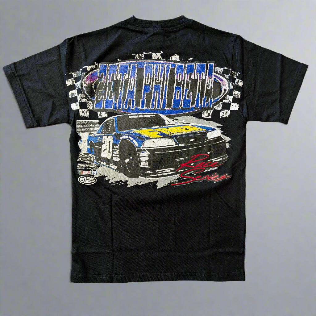 Beige t-shirt with a racing car graphic and text on a gray background