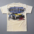 Beige t-shirt with a racing car graphic and text on a gray background