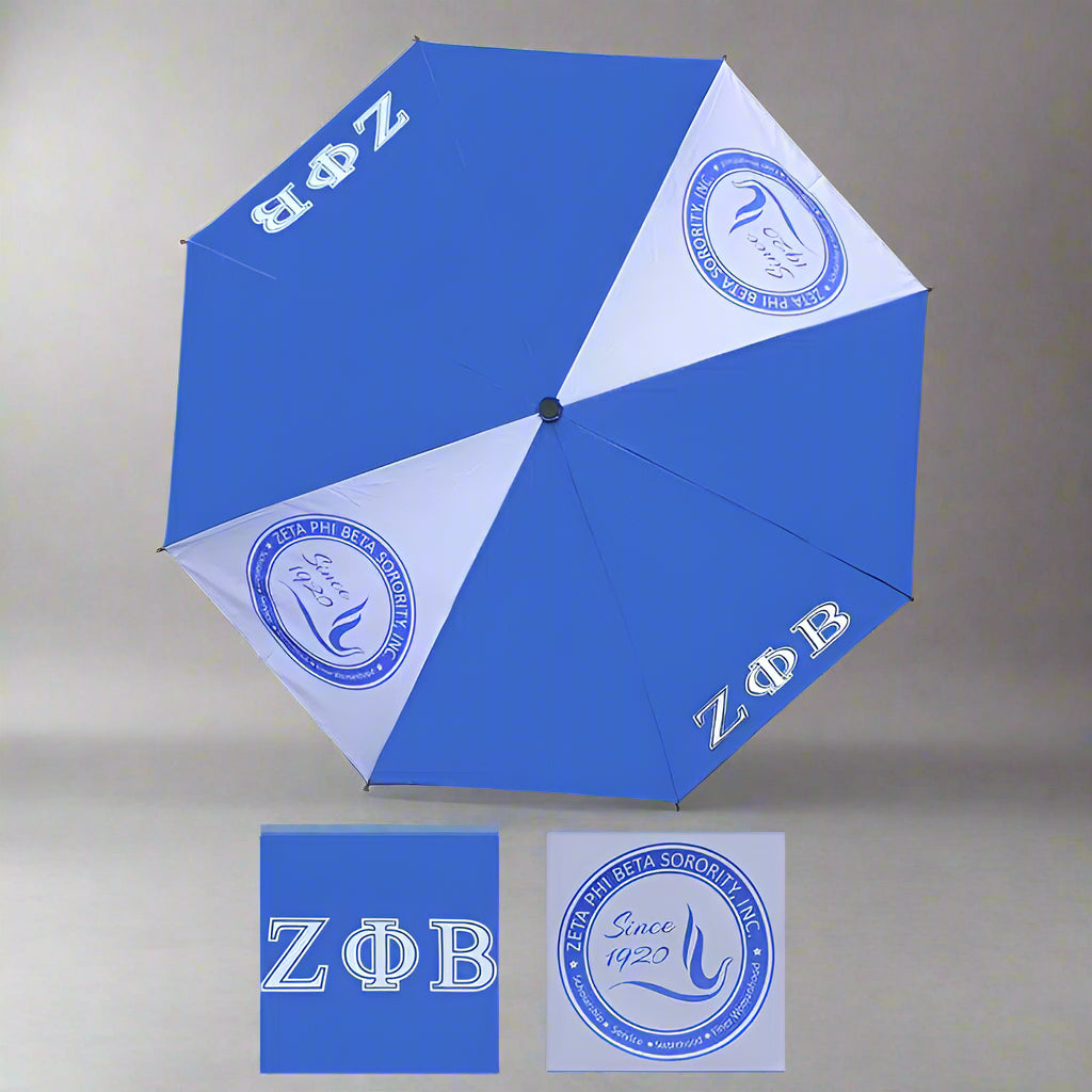 Blue and white umbrella with Zeta Phi Beta Sorority, Inc. logos 