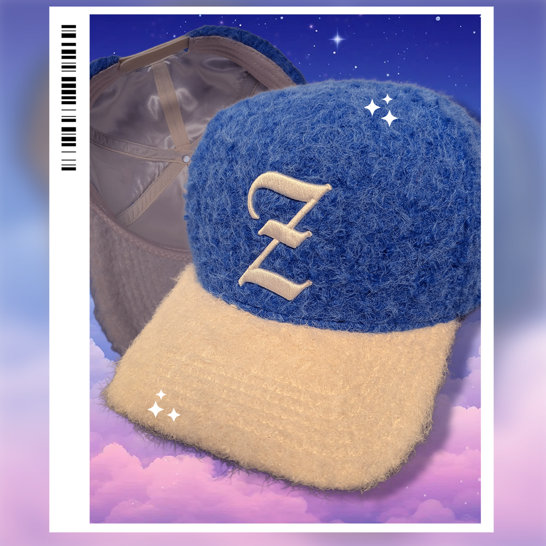 Gray sweatshirt with '1920' and blue fur hat with cream colored Z embroidered on it