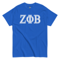 blue shirt with greek letters 