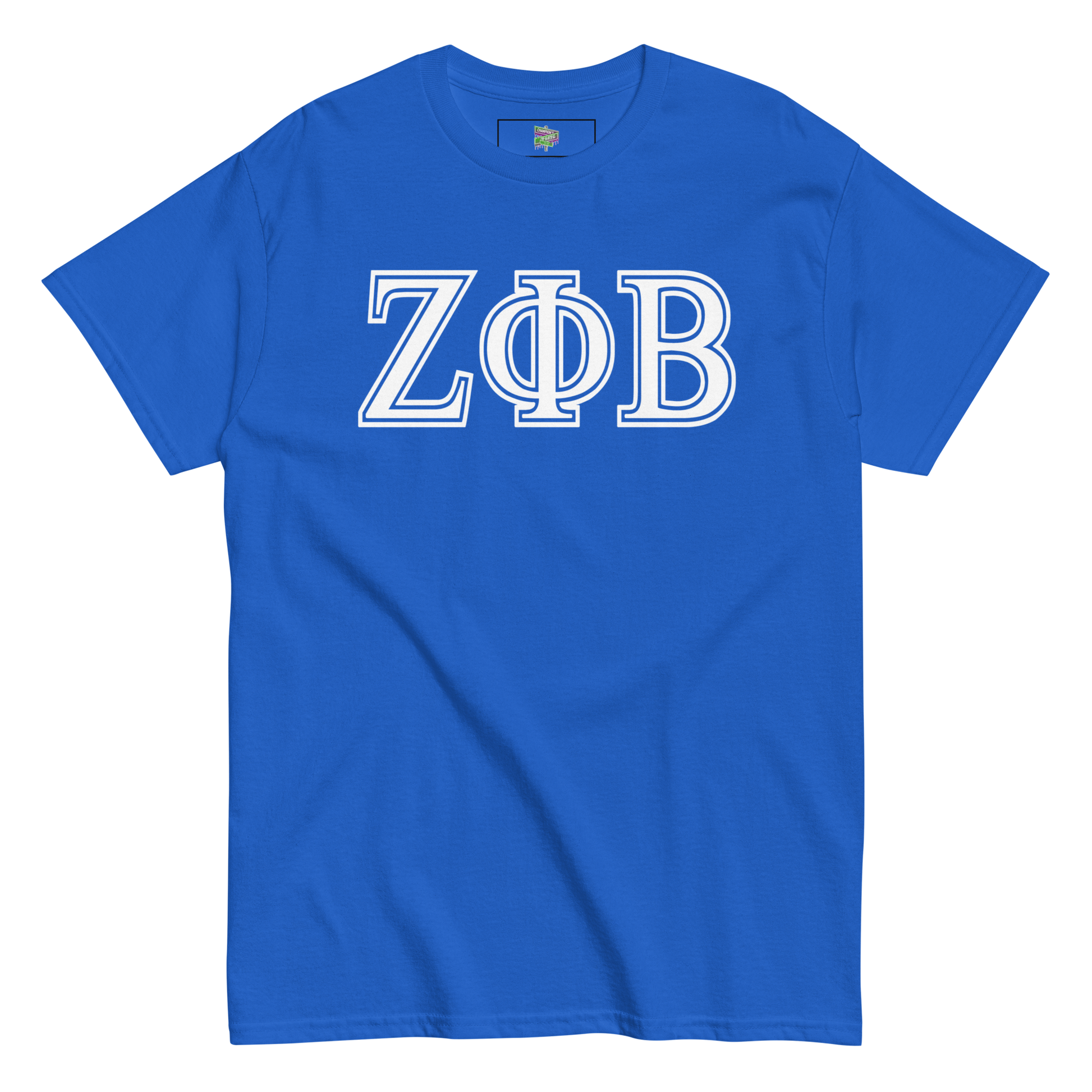 blue shirt with greek letters "zeta phi beta"