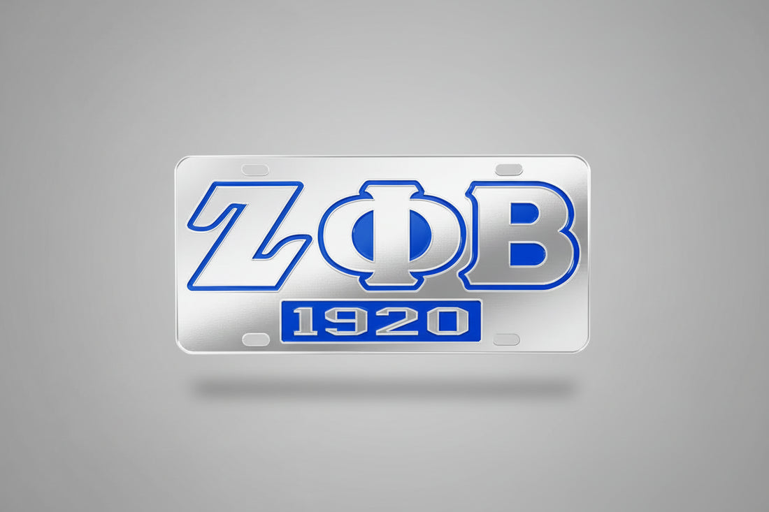 Mirrored license plate with blue letters for zeta phi beta and founding year 1920 on a gray background