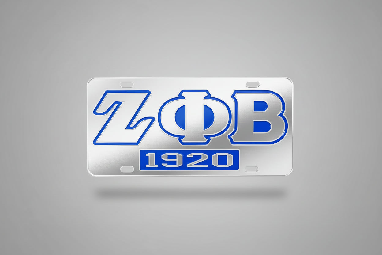 Mirrored license plate with blue letters for zeta phi beta and founding year 1920 on a gray background