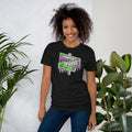 Woman wearing a black t-shirt with a champion's phate logo on chest