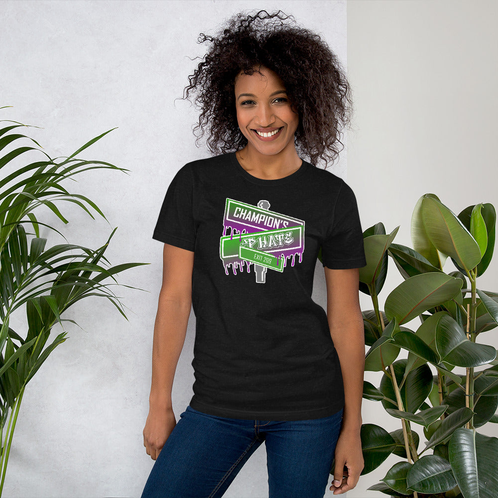 Woman wearing a black t-shirt with a champion's phate logo on chest